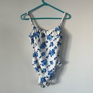 LA BLANCA (Size 10) one piece swimsuit bathing suit floral white and blue